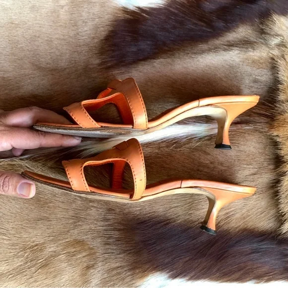 MANOLO BLAHNIK strap leather kitten heels mules orange brown size 36 - Picture 10 of 12